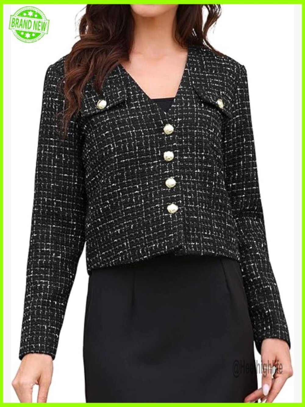 Tweed Blazer Cropped Collarless Button Down Long Sleeve Business Casual Jacket